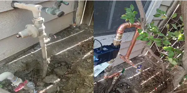 before and after hose bib repair with shut off valve upgrade in Murrieta home