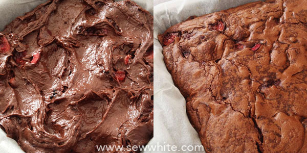 brownie mixture before and after cooking. 