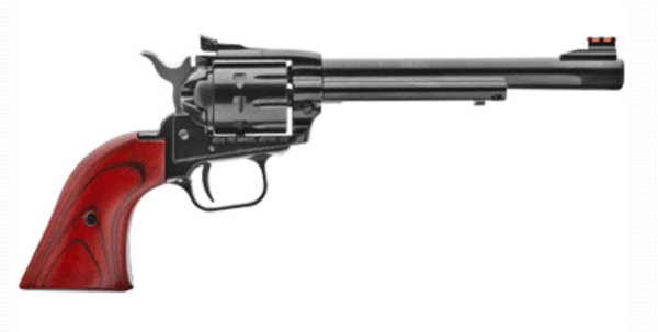 Single-action revolver with polished black metal and a red wooden grip, long barrel facing right on a white background