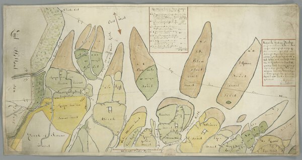 Museumkwaliteit reproductie van de oude kaart Biesbosch 1710 met de opkomende gronden en kooien in de Zuidhollandse Waard.