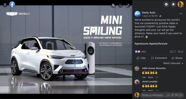 Geely april fool's prank screenshot on facebook