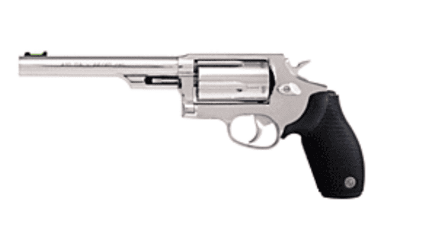 Silver revolver handgun with a long barrel and black grip, shown from the side.