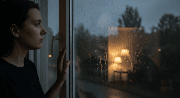 雨の日はランニング休み?のイメージ。雨の天候を部屋の窓からのぞく様子。