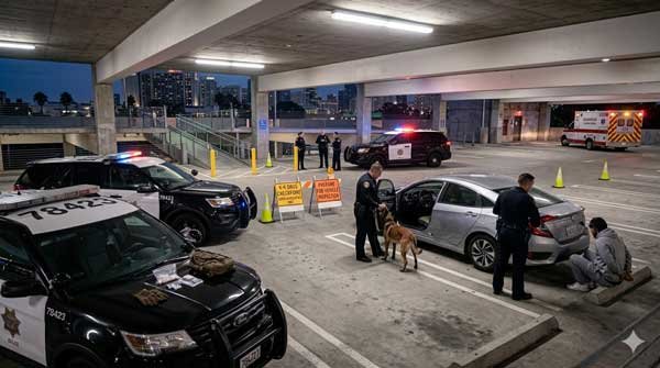 Police conducting a drug arrest in a parking lot; contact Jason Ronis Law, a top-rated criminal defense and DUI attorney in San Diego for help.