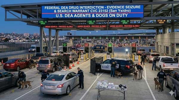 A high-angle view of the San Ysidro Port of Entry during a massive multi-agency drug interdiction operation, where DEA agents and CBP officers, using K-9 dogs and an evidence table of seized narcotics, search a line of stopped cars on the highway, a process that can be highly disruptive, potentially leading to errors. This scene depicts the type of scenario where a person, perhaps facing charges for DUI in San Diego, would need immediate legal counsel from an attorney like Jason, who has extensive experience in federal cross-border cases.
