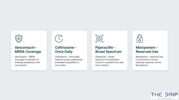 Common IV antibiotics overview cards featuring vancomycin for MRSA, ceftriaxone once daily, piperacillin broad spectrum, and meropenem reserved use