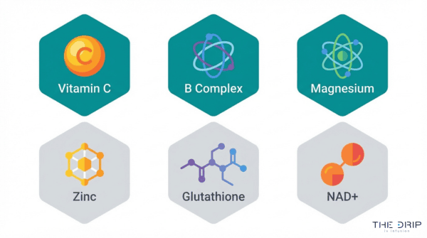 IV therapy nutrients guide showing vitamin C, B complex, magnesium, zinc, glutathione, and NAD used for immune support, energy, and cellular health