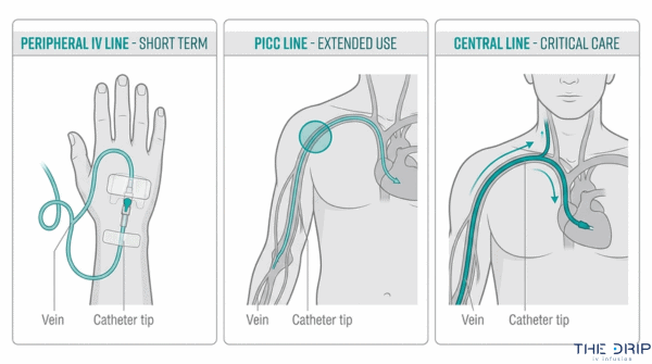 IV line types for antibiotic therapy comparison showing peripheral IV line, PICC line, and central line catheter placement and use cases