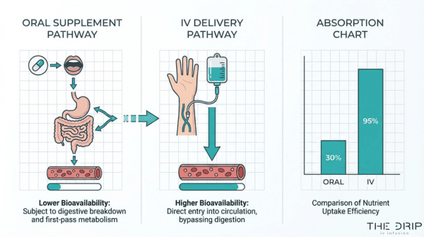 IV therapy vs oral supplements absorption comparison showing higher bioavailability of IV delivery compared to digestive breakdown of oral vitamins