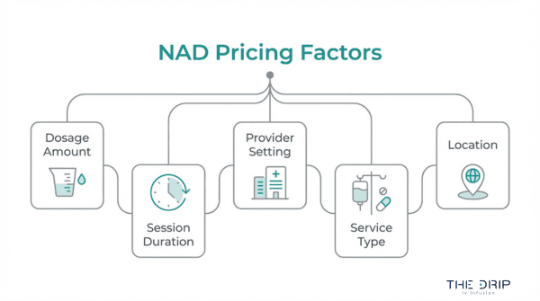 NAD therapy pricing factors chart showing how dosage amount, session duration, provider setting, service type, and location affect cost