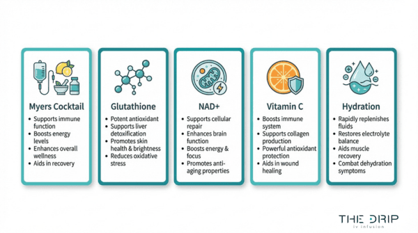IV drip types chart featuring Myers cocktail, glutathione, NAD+, vitamin C, and hydration therapy with benefits for energy, immunity, detox, and recovery
