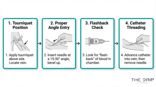 Peripheral IV catheter insertion steps diagram showing tourniquet placement, needle angle entry, flashback check, and catheter threading