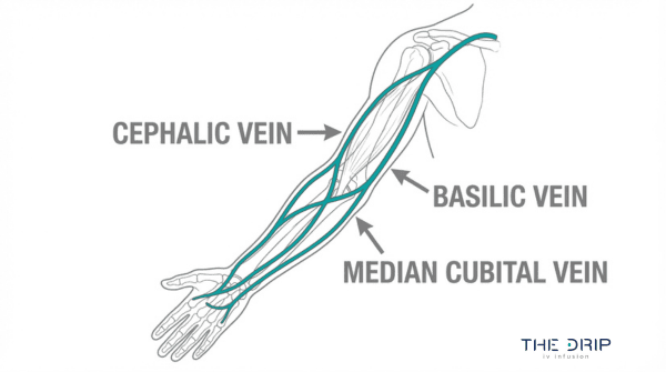 Arm vein diagram for IV insertion showing cephalic vein, basilic vein, and median cubital vein access points