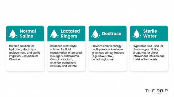 Types of IV base solutions comparison showing normal saline, lactated ringers, dextrose, and sterile water for infusion use