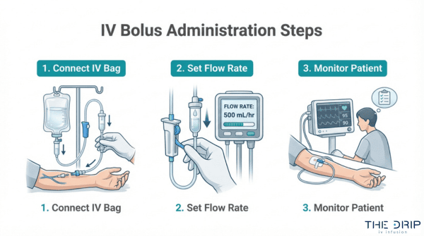 IV bolus administration steps infographic showing connecting IV bag, setting flow rate, and monitoring the patient during infusion