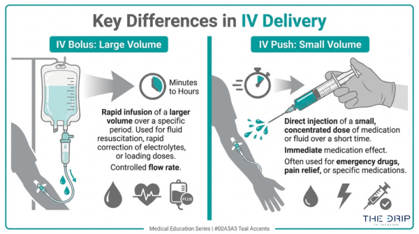 IV bolus vs IV push comparison infographic showing large volume infusion versus small volume injection, delivery speed, and medication use differences