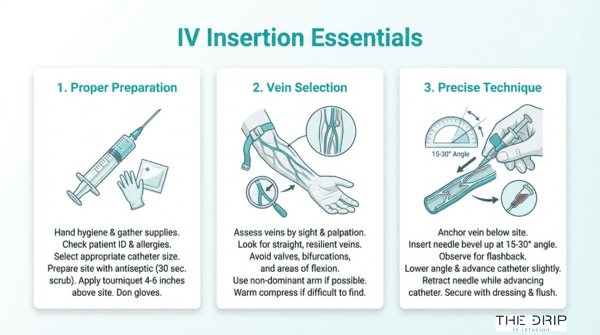 IV insertion essentials infographic showing proper preparation, vein selection, and precise catheter insertion technique