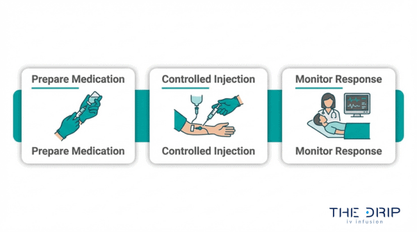 IV push administration guide showing medication preparation, controlled injection, and patient response monitoring steps