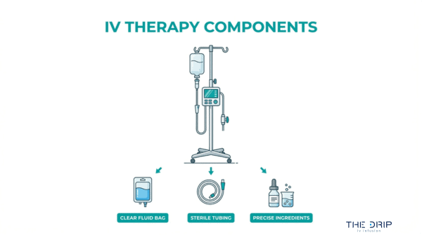 IV therapy components infographic showing IV stand, clear fluid bag, sterile tubing, and precise ingredients used in infusion therapy