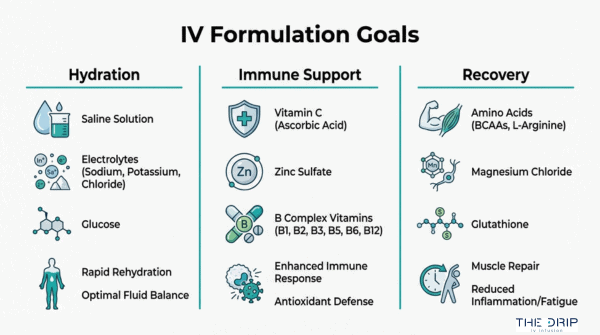 IV formulation goals chart showing hydration, immune support, and recovery ingredients used in IV therapy treatments