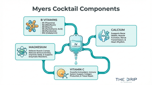 Myers Cocktail components infographic showing B vitamins, magnesium, calcium, and vitamin C in IV hydration therapy