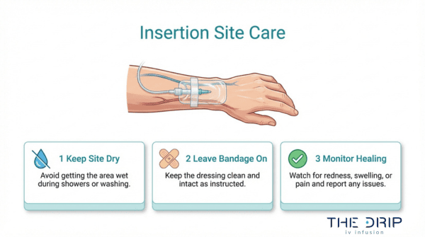 IV insertion site care infographic showing how to keep the IV site dry, leave the bandage on, and monitor healing after treatment