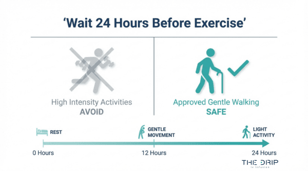 Post IV exercise guidelines infographic showing to avoid high-intensity workouts for 24 hours and choose gentle walking after infusion