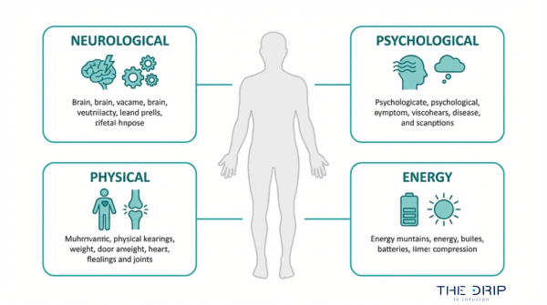 Vitamin B12 deficiency symptoms chart showing neurological, psychological, physical, and energy-related signs and effects