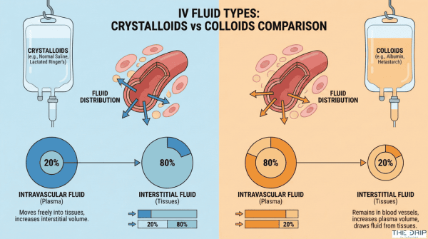 Comparison of crystalloid and colloid IV fluid distribution in the body.