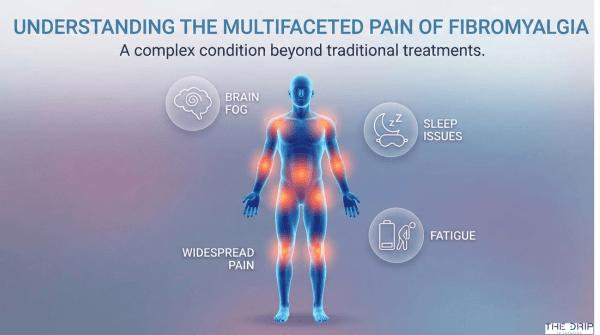 Illustrated human body showing widespread pain points and symptoms of fibromyalgia.