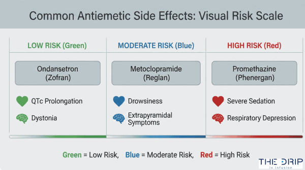 Chart showing side effects and risk levels of IV nausea medications