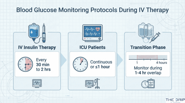 Chart showing recommended blood glucose monitoring intervals during IV therapy.