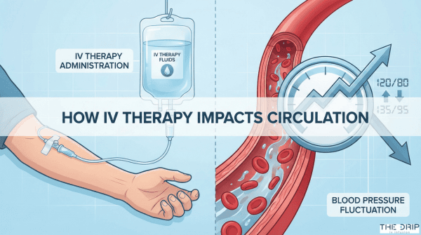 Diagram of IV therapy administration and its effect on blood pressure within arteries.