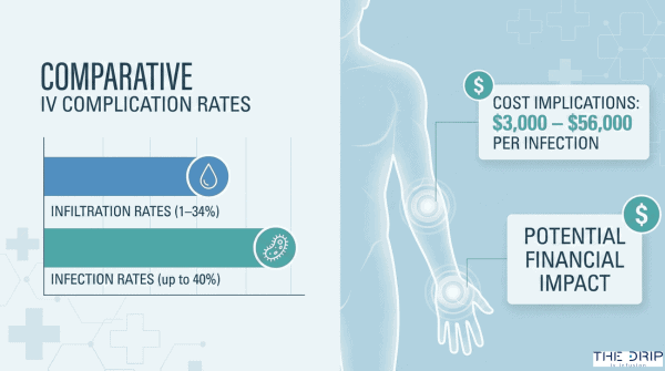 Infographic showing infiltration and infection rates in IV therapy with cost comparison per complication.
