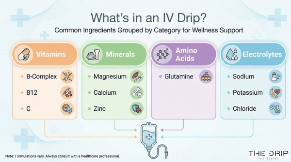 Infographic showing common IV therapy ingredients grouped by vitamins, minerals, amino acids, and electrolytes.