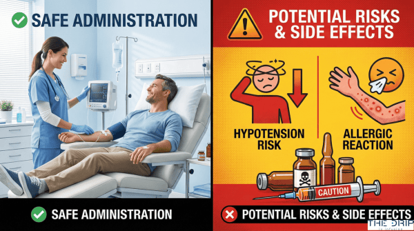Visual showing both safe IV therapy administration and potential risks from certain ingredients.