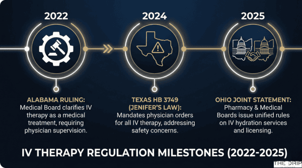 Timeline showing key state law changes for IV therapy prescriptions from 2022 to 2025 in Alabama, Texas, and Ohio.