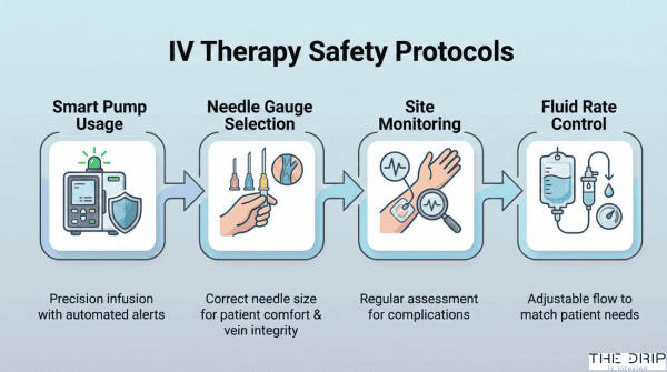 Flowchart of IV therapy safety steps including pump use, monitoring, and protocol adherence.