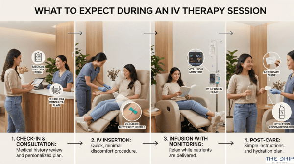 Step-by-step visual showing what happens during an IV therapy session for fibromyalgia including setup and monitoring.