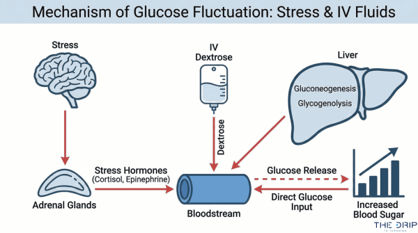 Diagram of stress hormone effects and IV dextrose leading to elevated blood sugar.