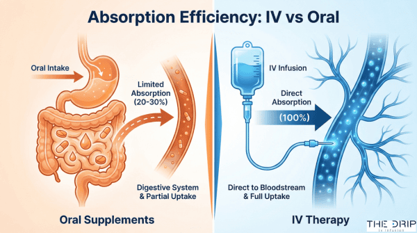 Side-by-side comparison chart showing IV therapy has higher electrolyte absorption than oral supplements.