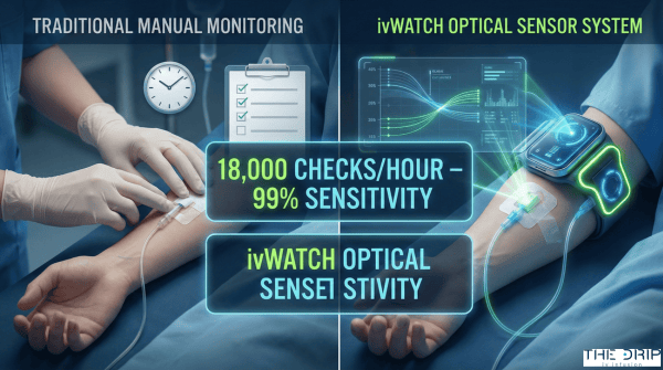 Comparison between manual IV site checks and ivWatch optical monitoring system.