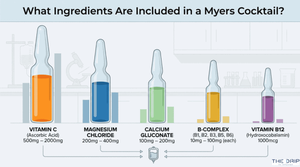 Visual chart showing the individual ingredients and concentrations in a standard Myers Cocktail IV formula.