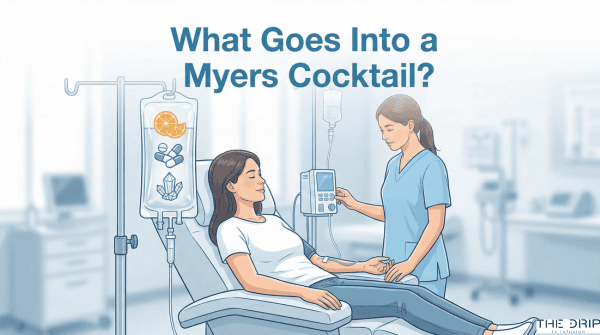 Patient receiving a Myers Cocktail IV drip under medical supervision, showing labeled nutrient components.