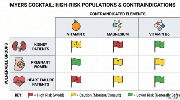Risk matrix showing vulnerable groups and their specific contraindications with Myers Cocktail therapy.