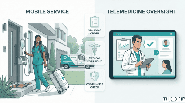 Split image showing mobile IV nurse and a telemedicine doctor approving prescriptions.