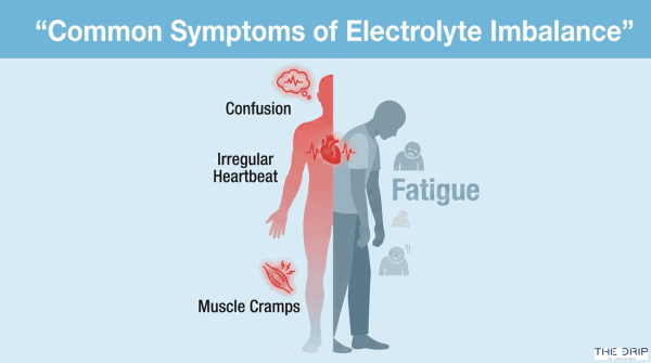 Infographic showing common symptoms of electrolyte imbalance in the human body.