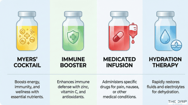 Visual comparison of four common IV therapy types including Myers' Cocktail, immune booster, medicated, and hydration infusions.
