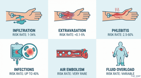 Grid of six IV therapy complications with icons and brief descriptions.