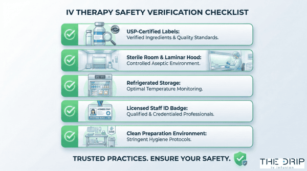Visual checklist showing how to verify safe practices in IV therapy providers.